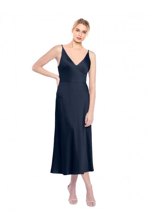 V-Neck Midi Length Short Cocktail Formal Stretch Satin Bridesmaid Dress / Prom Dress V-Back UK