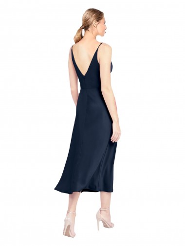 V-Neck Midi Length Short Cocktail Formal Stretch Satin Bridesmaid Dress / Prom Dress V-Back UK