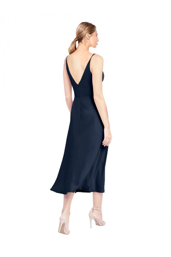 V-Neck Midi Length Short Cocktail Formal Stretch Satin Bridesmaid Dress / Prom Dress V-Back UK