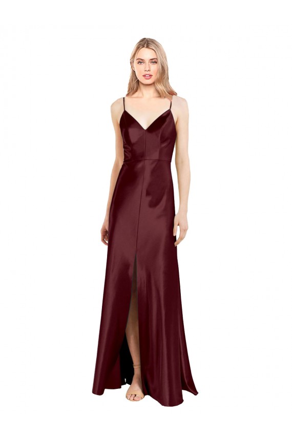 Sleek Spaghetti Straps V-Neck Formal Stretch Satin Bridesmaid Dress / Prom Dress with Center Front Slit UK