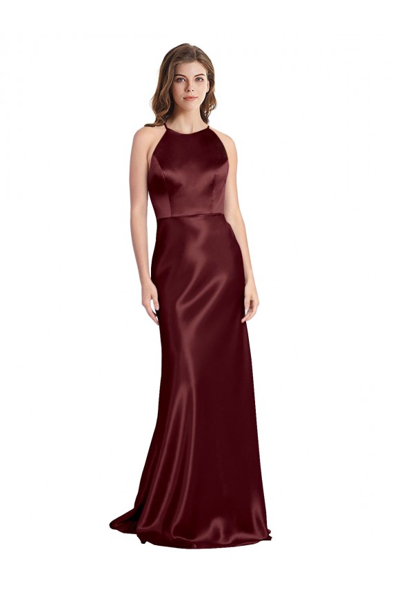 High Neck Halter Long Sleeveless Formal Stretch Satin Bridesmaid Dress / Prom Dress with Strappy Back UK