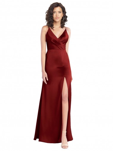 Faux Surplice Neckline Long Slim A-Line Formal Stretch Satin Bridesmaid Dress / Prom Dress UK