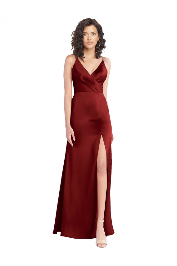 Faux Surplice Neckline Long Slim A-Line Formal Stretch Satin Bridesmaid Dress / Prom Dress UK