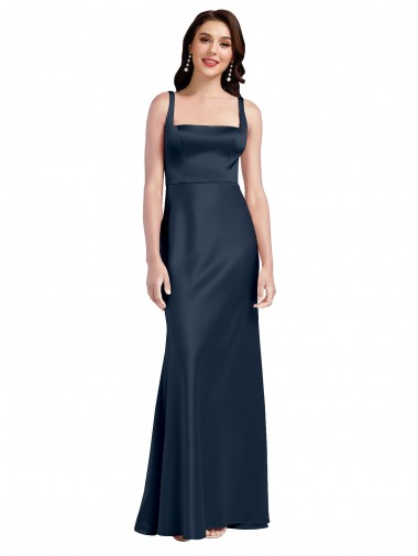 Square Neck A-Line Long Formal Stretch Satin Bridesmaid Dress / Prom Dress with Wide Straps UK