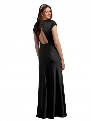 Plunging V-Neck Cap Cleeves Long Formal Stretch Satin Bridesmaid Dress / Prom Dress with Keyhole Back UK