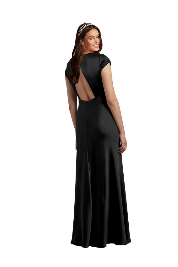 Plunging V-Neck Cap Cleeves Long Formal Stretch Satin Bridesmaid Dress / Prom Dress with Keyhole Back UK