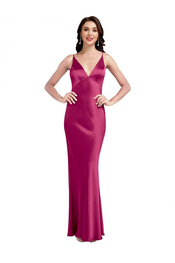 V-Neck Spaghetti Straps Slim Formal Stretch Satin Bridesmaid Dress / Prom Dress with Low Scoop Back UK