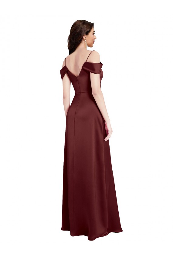Draped Off the Shoulder Sleeves Slim A-Line Formal Stretch Satin Bridesmaid Dress / Prom Dress with Side Slit UK