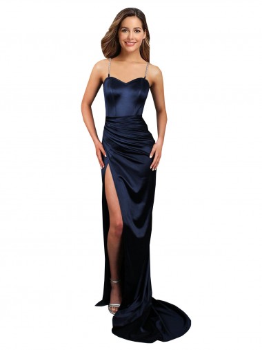 Pleated Sash Skirt Long Formal Stretch Satin Bridesmaid Dress / Prom Dress with High Slit UK