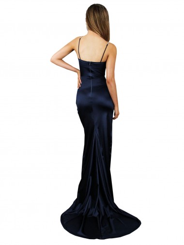 Pleated Sash Skirt Long Formal Stretch Satin Bridesmaid Dress / Prom Dress with High Slit UK