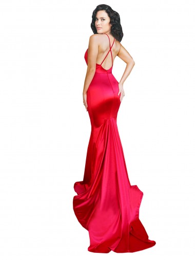 Mermaid Open Back Long Formal Stretch Satin Bridesmaid Dress / Prom Dress with High Slit UK