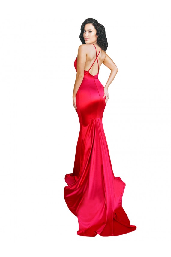 Mermaid Open Back Long Formal Stretch Satin Bridesmaid Dress / Prom Dress with High Slit UK
