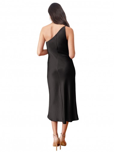 Sleek One Shoulder Midi Length Short Cocktail Formal Stretch Satin Slip Bridesmaid Dress / Prom Dress UK