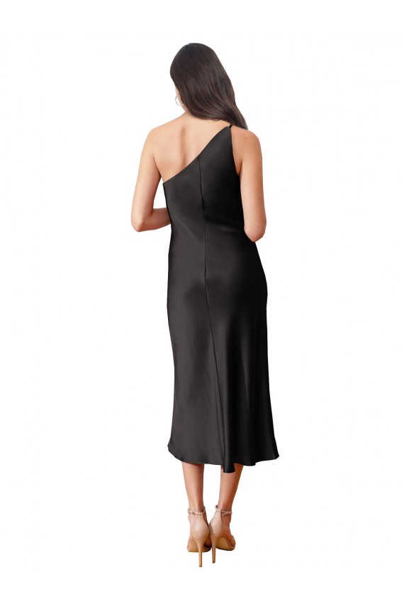 Sleek One Shoulder Midi Length Short Cocktail Formal Stretch Satin Slip Bridesmaid Dress / Prom Dress UK