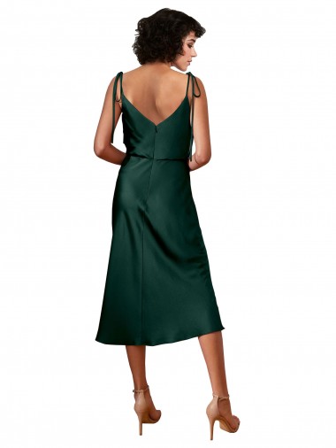 Spaghetti Straps Tie Shoulders Cowl Neck Short Midi Length Formal Stretch Satin Cocktail Bridesmaid Dress / Prom Dress UK