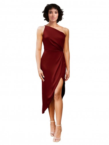 One Shoulder Cocktail Midi Length Short Formal Stretch Satin Wrap Style Bridesmaid Dress / Prom Dress UK