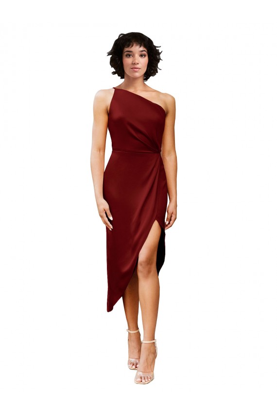 One Shoulder Cocktail Midi Length Short Formal Stretch Satin Wrap Style Bridesmaid Dress / Prom Dress UK