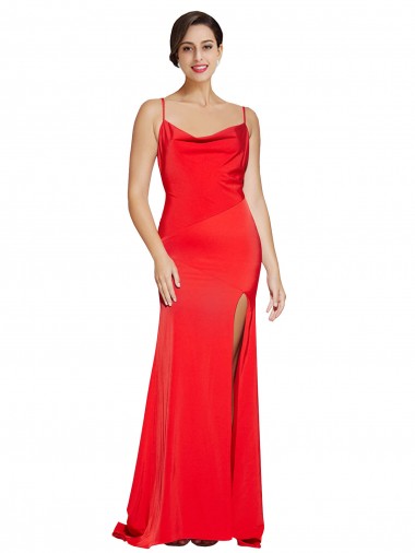 Low Back Cowl Neck Formal Stretch Satin Bridesmaid Dress / Prom Dress with High Side Slit UK