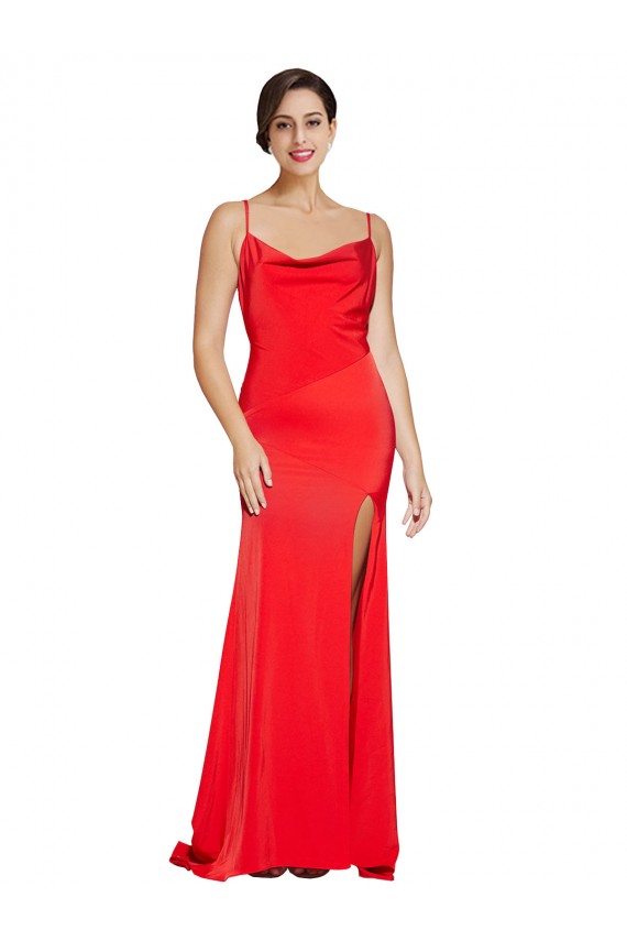 Low Back Cowl Neck Formal Stretch Satin Bridesmaid Dress / Prom Dress with High Side Slit UK