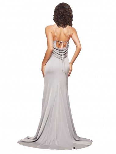 High Neck Low Back Long Full Length Formal Stretch Satin Bridesmaid Dress / Prom Dress UK