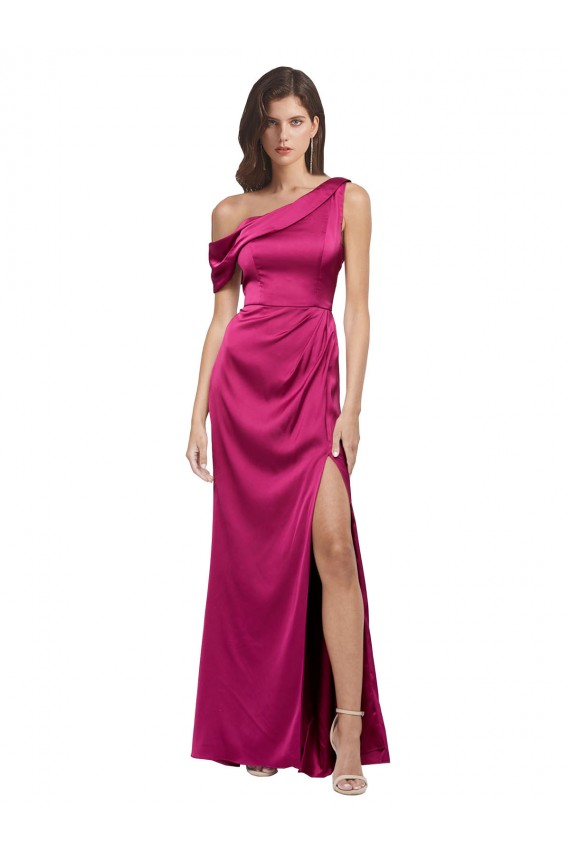Off the Shoulder Short Sleeves Formal Stretch Satin Bridesmaid Dress / Prom Dress with Side Slit UK