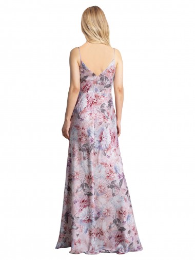 Draped Cowl Neck Long Printed Formal Stretch Satin Bridesmaid Dress UK