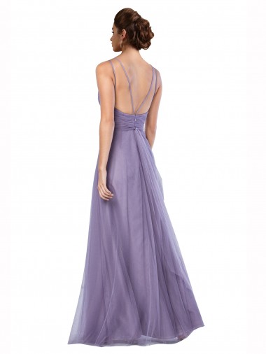 Flowy A-Line Tulle Bridesmaid Dress with Double Straps and V-Neck UK