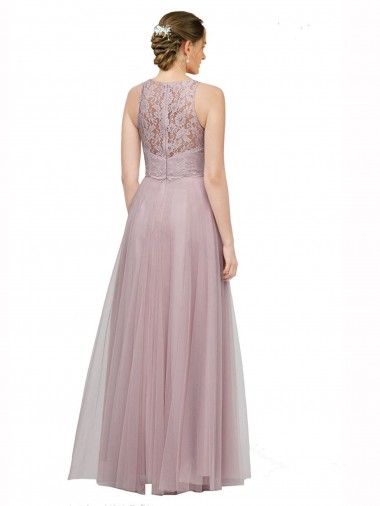 High Neck Long Tulle Bridesmaid Dress with Lace Bodice UK