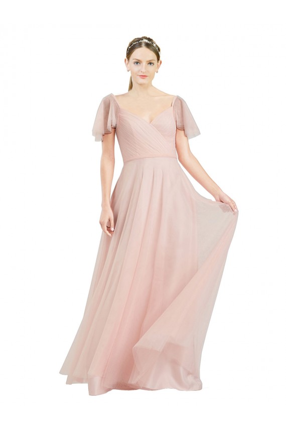 Long V-Neck Flutter Sleeves Tulle Bridesmaid Dress UK