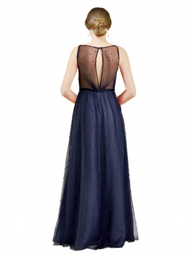 Sleeveless Boat Neck Long Pearl Tulle Bridesmaid Dress with Keyhole Back UK