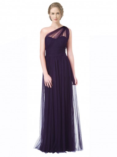 One Shoulder Long Tulle Bridesmaid Gown with Sheer Netting Strap UK