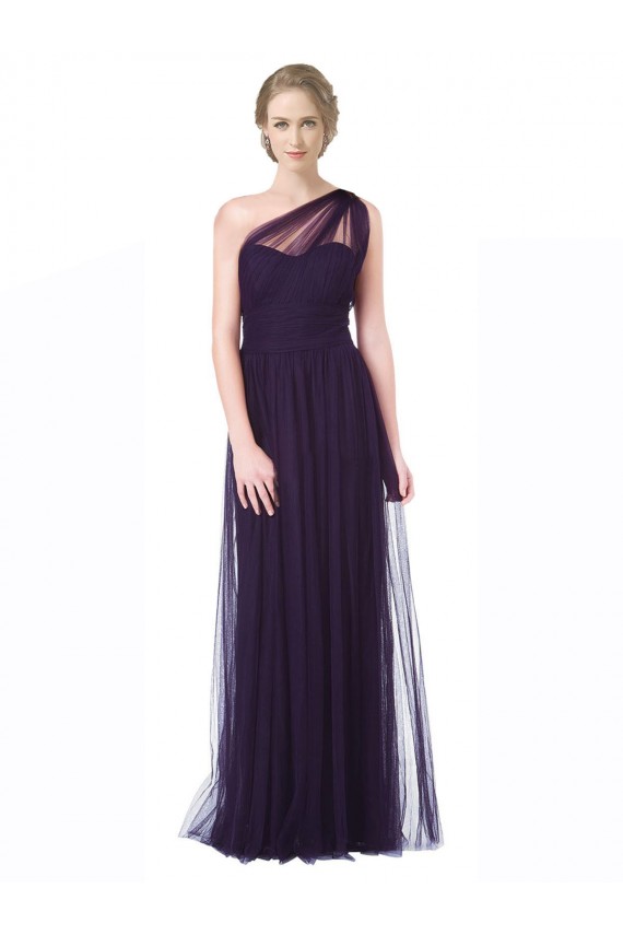 One Shoulder Long Tulle Bridesmaid Gown with Sheer Netting Strap UK