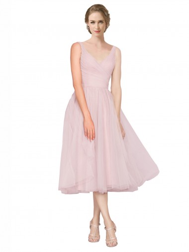 Short Tea Length Wide Strap Plunge Cross Over Neckline Tulle Cocktail Bridesmaid Dress UK