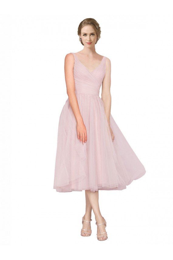 Short Tea Length Wide Strap Plunge Cross Over Neckline Tulle Cocktail Bridesmaid Dress UK