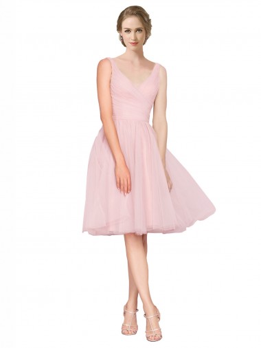 Short Knee Length Wide Strap Plunge Cross Over Neckline Tulle Cocktail Bridesmaid Dress UK