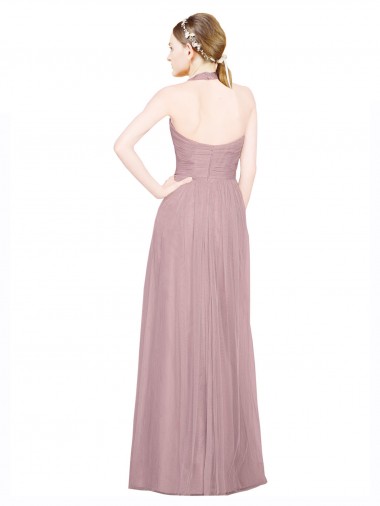 Ruffled Halter V-Neck Long Tulle Bridesmaid Dress with Pleats UK
