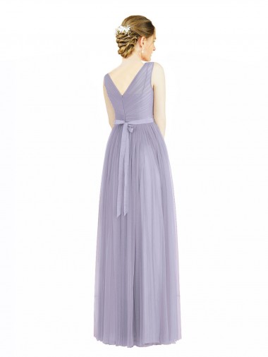 Wide Straps V-Neck Long Tulle Bridesmaids with Belt UK