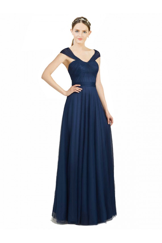 Ruched Sweetheart Long A-Line Tulle Bridesmaid Dress with Wide Straps and Tie Back UK
