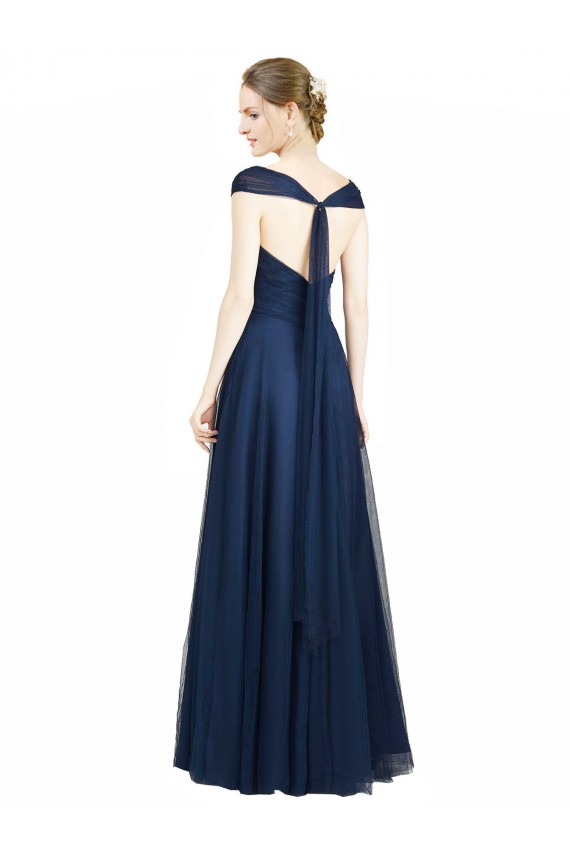 Ruched Sweetheart Long A-Line Tulle Bridesmaid Dress with Wide Straps and Tie Back UK