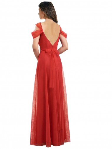 Cold Shoulder Pleated Wrap Tulle Bridesmaid Dress with Low V-Back UK