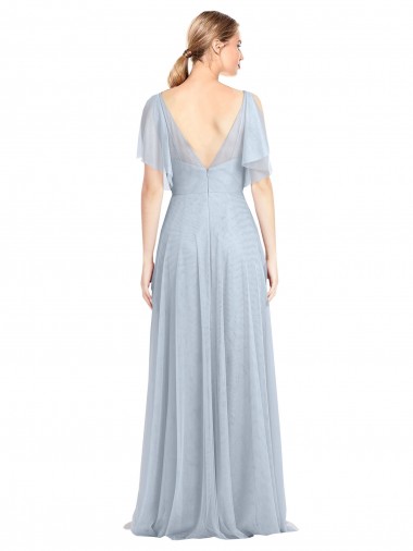Floor Length Flutter Sleeves Long Tulle Bridesmaid Dress with Side Slit UK
