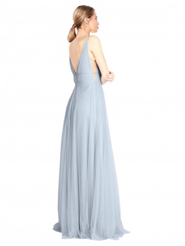 Plunging Deep V-Neck Long Tulle Bridesmaid Dress with V-Back UK