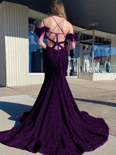 Cold Shoulder Sleeveless Long Court Train Velvet Sequin Prom Dress UK