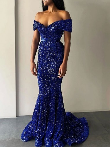Mermaid Off the Shoulder Sleeveless Long Sweep Train Velvet Sequin Prom Dress UK