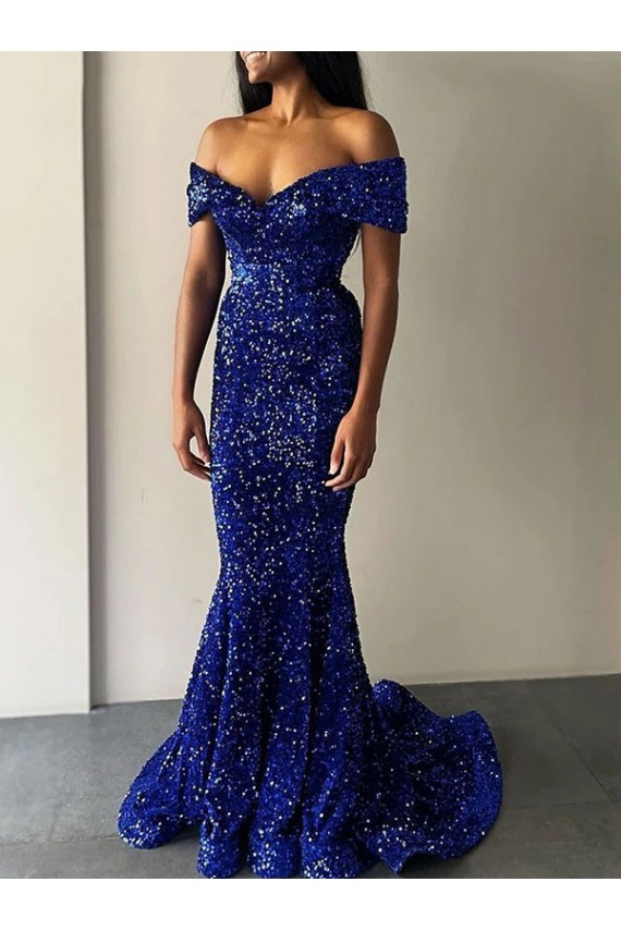 Mermaid Off the Shoulder Sleeveless Long Sweep Train Velvet Sequin Prom Dress UK