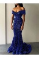 Mermaid Off the Shoulder Sleeveless Long Sweep Train Velvet Sequin Prom Dress UK
