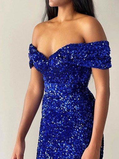 Mermaid Off the Shoulder Sleeveless Long Sweep Train Velvet Sequin Prom Dress UK