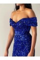 Mermaid Off the Shoulder Sleeveless Long Sweep Train Velvet Sequin Prom Dress UK