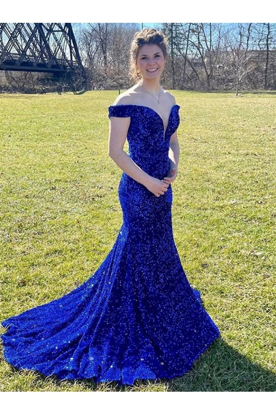 Off the Shoulder Sleeveless Long Sweep Train Velvet Sequin Prom Dress UK