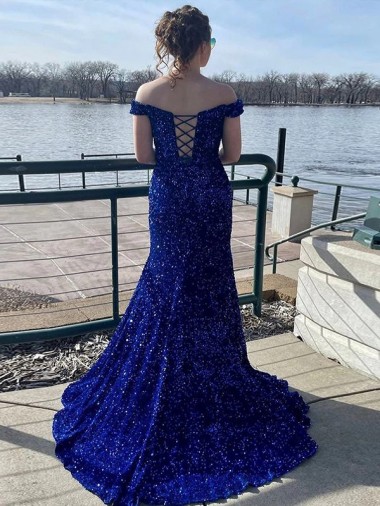 Off the Shoulder Sleeveless Long Sweep Train Velvet Sequin Prom Dress UK